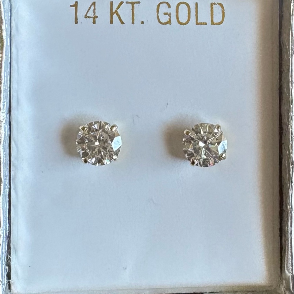 14K Gold Clear Diamond Solitaire Stud Earrings